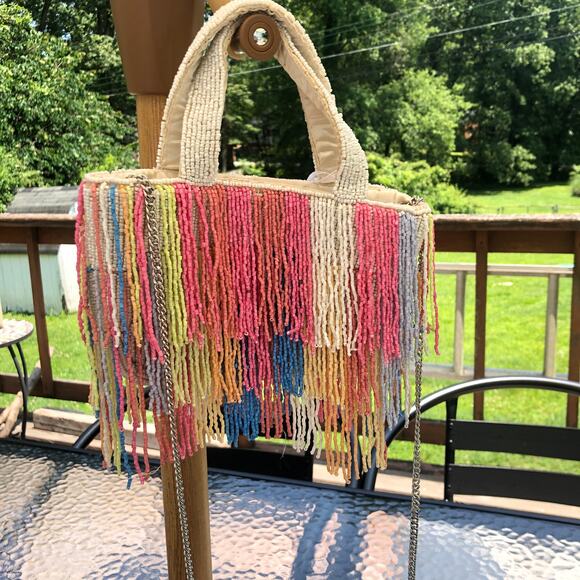 Beaded Multicolor Cream Fringe Bag Viral Beaded Statement Bag Marshall's NWT - Picture 3 of 6